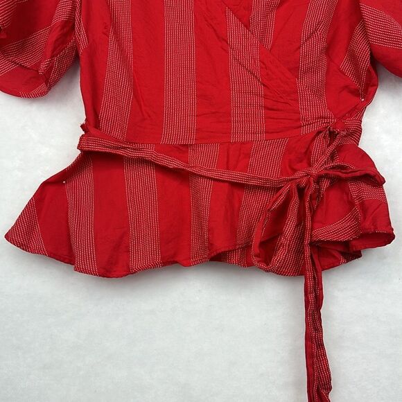 LOFT Petite Red Cotton Striped Wrap Top Sz  LP - Picture 4 of 12